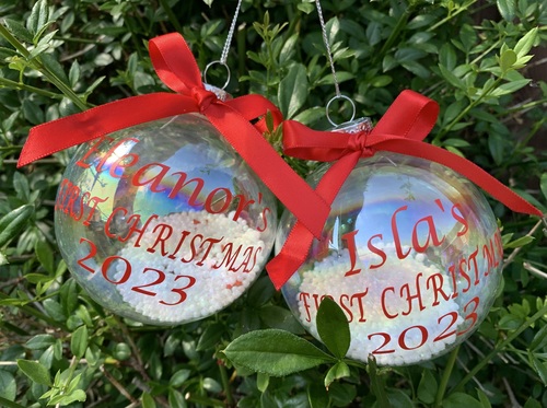 Personalised Baby's 1st Christmas Glass Bauble 2024- choose your colour