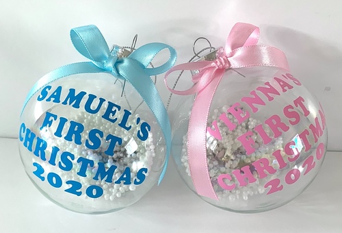 Handmade Personalised Christmas 2024 Glass Bauble  - Pink / Blue