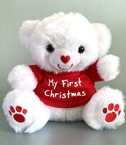 White Teddy Bear with My First Christmas T-shirt