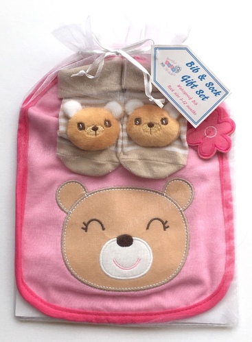 Beige Bear Girl Bib & Sock Gift Set