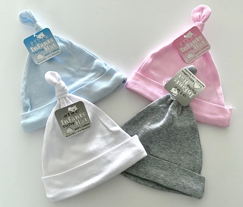 Baby Knot Hats - pink white blue & grey