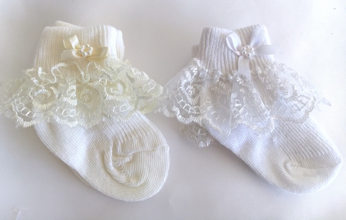 Girls Frilly Lacy Socks - Cream & White