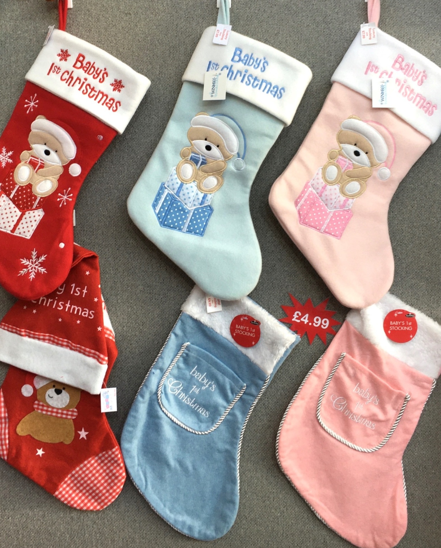 Babys First Christmas Stockings pink blue red