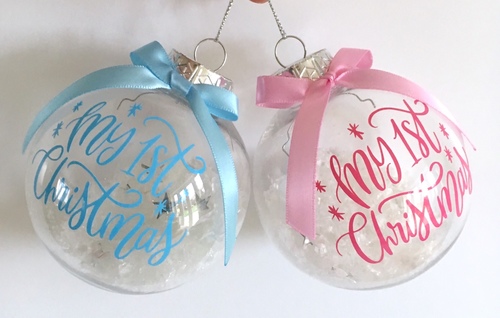 Handmade Baby’s 1st Christmas Plastic Bauble  - Pink / Blue