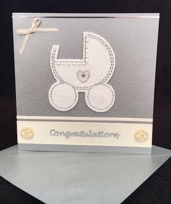 Metallic Embroidered Pram Baby Card BS-10