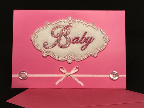 Hot Pink Embroidered Baby Card A6-06